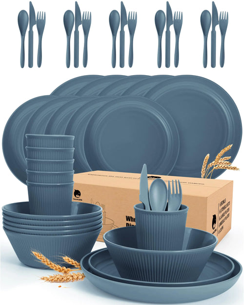 42 Pieces Kitchen Plates and Bowls Set - OAMCEG Plastic Dinner Set for 6 Plastic Wheat Straw Dinnerware Set College Dorm Microwave Dishes Unbreakable Plastic Outdoor Camping Dishes Dark Blue
